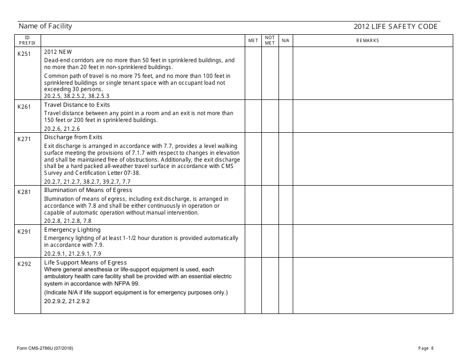 Form CMS-2786U Fire Safety Survey Report - 2012 Life Safety Code Ambulatory Health Care, Page 8