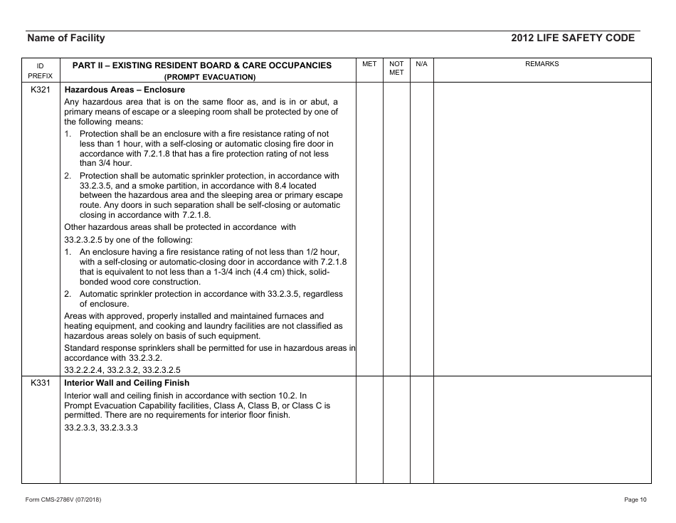 Form CMS-2786V Fire Safety Survey Report - Intermediate Care Facilities for Individuals With Intellectual Disabilities (Small Facilities) - 2012 Life Safety Code, Page 10
