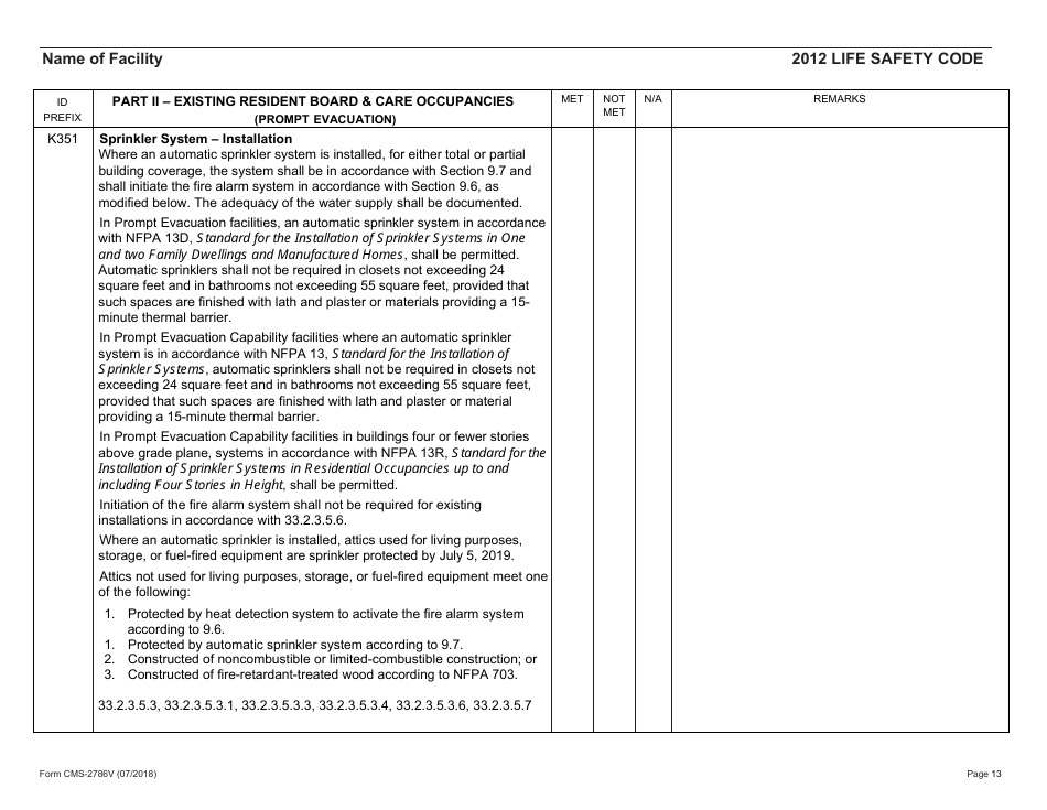 Form CMS-2786V Fire Safety Survey Report - Intermediate Care Facilities for Individuals With Intellectual Disabilities (Small Facilities) - 2012 Life Safety Code, Page 13