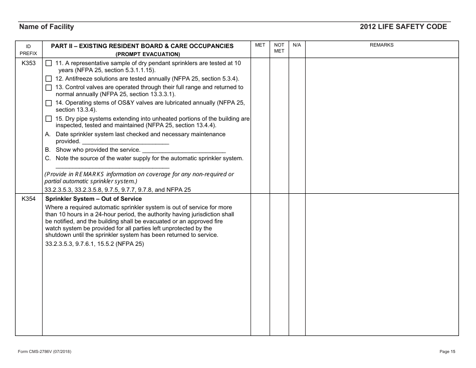 Form CMS-2786V Fire Safety Survey Report - Intermediate Care Facilities for Individuals With Intellectual Disabilities (Small Facilities) - 2012 Life Safety Code, Page 15