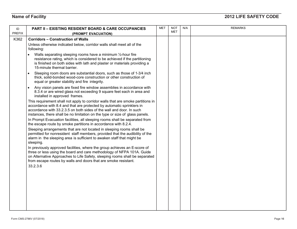 Form CMS-2786V Fire Safety Survey Report - Intermediate Care Facilities for Individuals With Intellectual Disabilities (Small Facilities) - 2012 Life Safety Code, Page 16