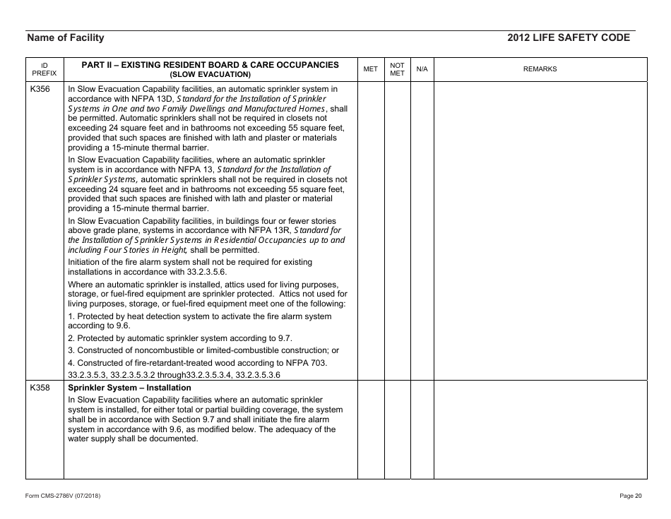 Form CMS-2786V Fire Safety Survey Report - Intermediate Care Facilities for Individuals With Intellectual Disabilities (Small Facilities) - 2012 Life Safety Code, Page 20