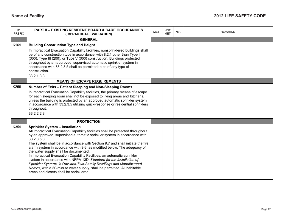 Form CMS-2786V Fire Safety Survey Report - Intermediate Care Facilities for Individuals With Intellectual Disabilities (Small Facilities) - 2012 Life Safety Code, Page 22
