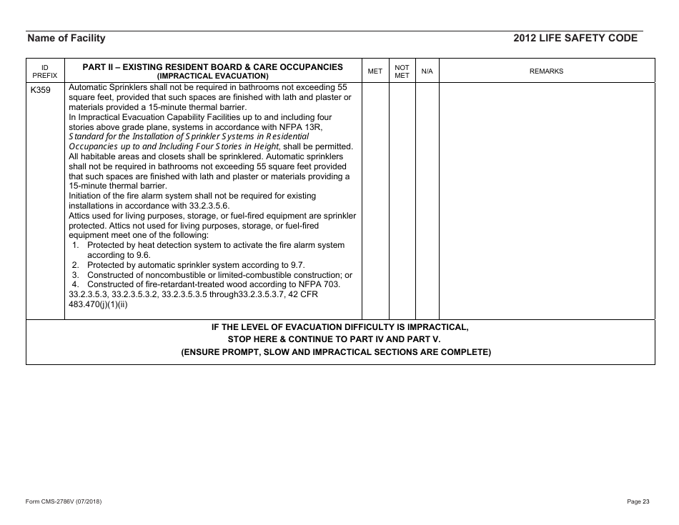 Form CMS-2786V Fire Safety Survey Report - Intermediate Care Facilities for Individuals With Intellectual Disabilities (Small Facilities) - 2012 Life Safety Code, Page 23