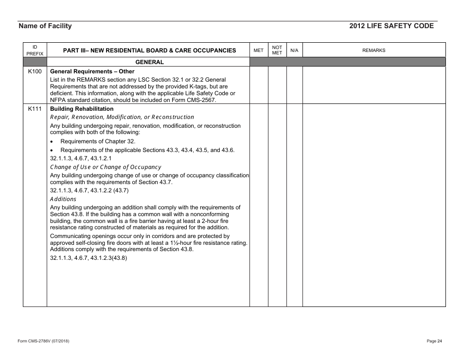 Form CMS-2786V Fire Safety Survey Report - Intermediate Care Facilities for Individuals With Intellectual Disabilities (Small Facilities) - 2012 Life Safety Code, Page 24