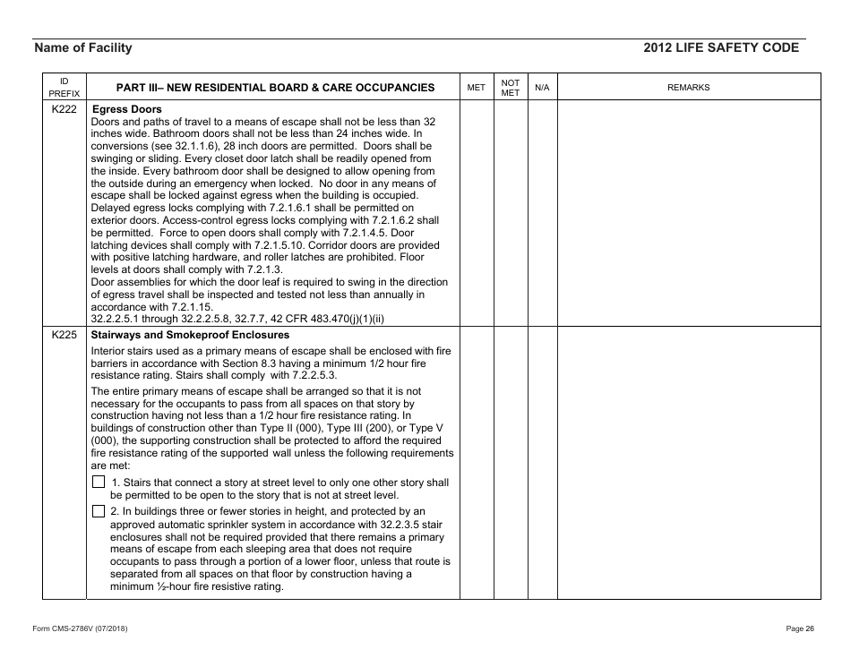 Form CMS-2786V Fire Safety Survey Report - Intermediate Care Facilities for Individuals With Intellectual Disabilities (Small Facilities) - 2012 Life Safety Code, Page 26