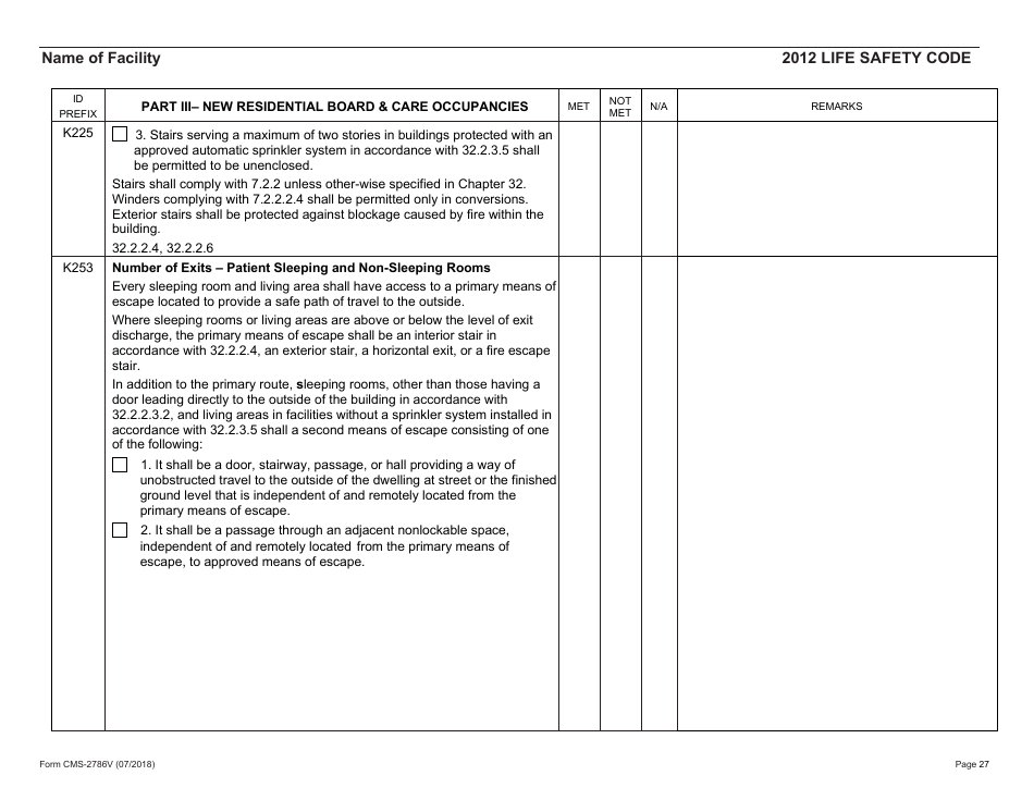 Form CMS-2786V Fire Safety Survey Report - Intermediate Care Facilities for Individuals With Intellectual Disabilities (Small Facilities) - 2012 Life Safety Code, Page 27