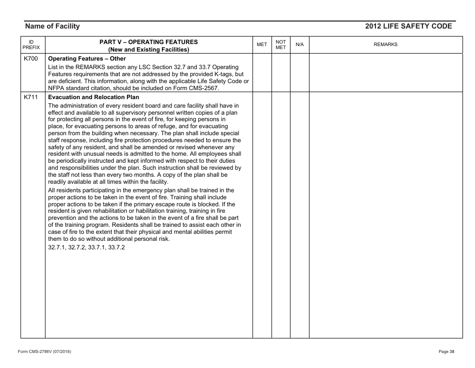Form CMS-2786V Fire Safety Survey Report - Intermediate Care Facilities for Individuals With Intellectual Disabilities (Small Facilities) - 2012 Life Safety Code, Page 38