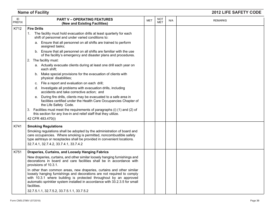 Form CMS-2786V Fire Safety Survey Report - Intermediate Care Facilities for Individuals With Intellectual Disabilities (Small Facilities) - 2012 Life Safety Code, Page 39