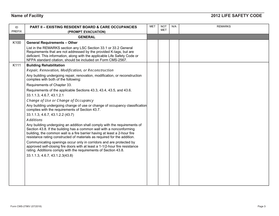 Form CMS-2786V Fire Safety Survey Report - Intermediate Care Facilities for Individuals With Intellectual Disabilities (Small Facilities) - 2012 Life Safety Code, Page 3
