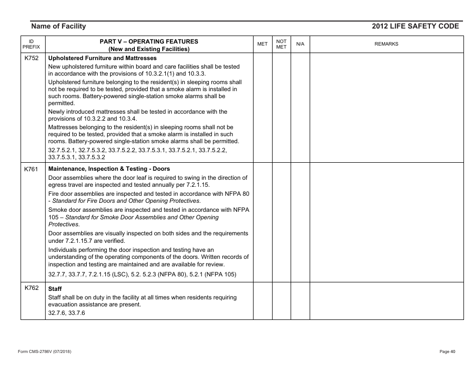 Form CMS-2786V Fire Safety Survey Report - Intermediate Care Facilities for Individuals With Intellectual Disabilities (Small Facilities) - 2012 Life Safety Code, Page 40