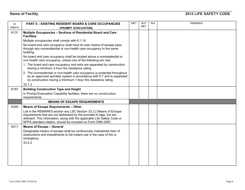 Form CMS-2786V Fire Safety Survey Report - Intermediate Care Facilities for Individuals With Intellectual Disabilities (Small Facilities) - 2012 Life Safety Code, Page 4