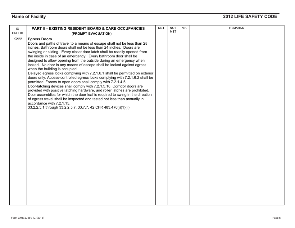 Form CMS-2786V Fire Safety Survey Report - Intermediate Care Facilities for Individuals With Intellectual Disabilities (Small Facilities) - 2012 Life Safety Code, Page 5