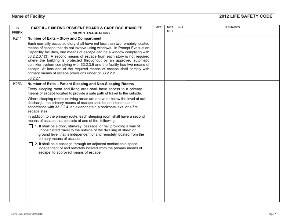 Form CMS-2786V Fire Safety Survey Report - Intermediate Care Facilities for Individuals With Intellectual Disabilities (Small Facilities) - 2012 Life Safety Code, Page 7
