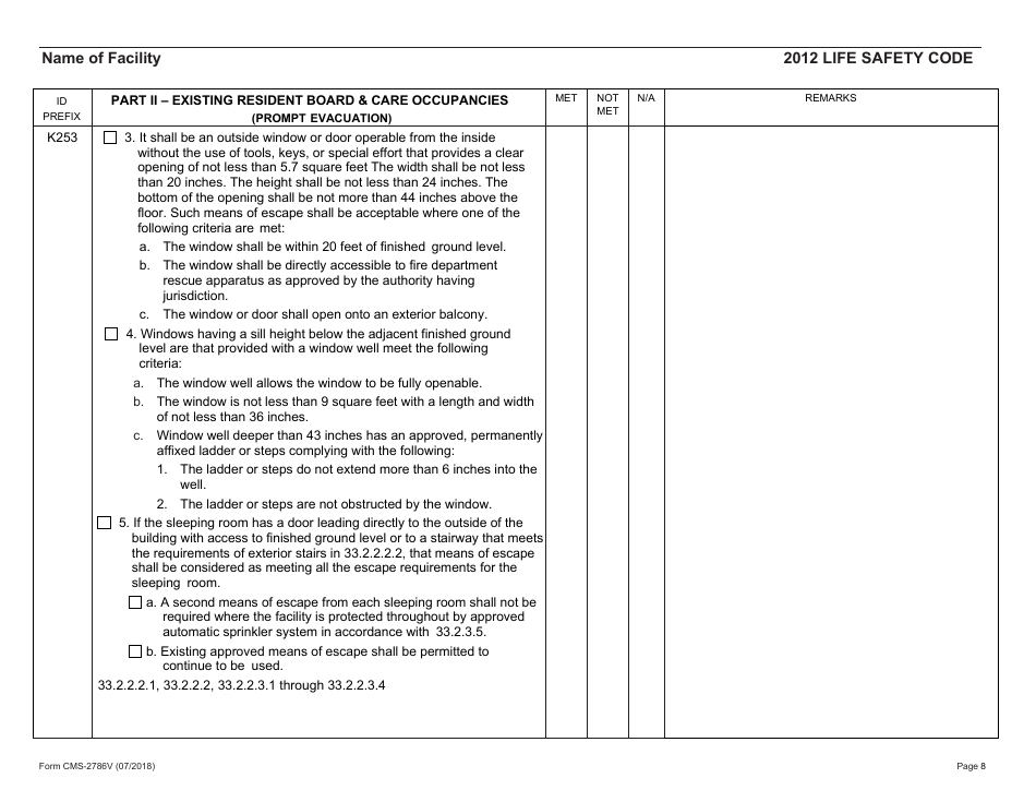 Form CMS-2786V Fire Safety Survey Report - Intermediate Care Facilities for Individuals With Intellectual Disabilities (Small Facilities) - 2012 Life Safety Code, Page 8