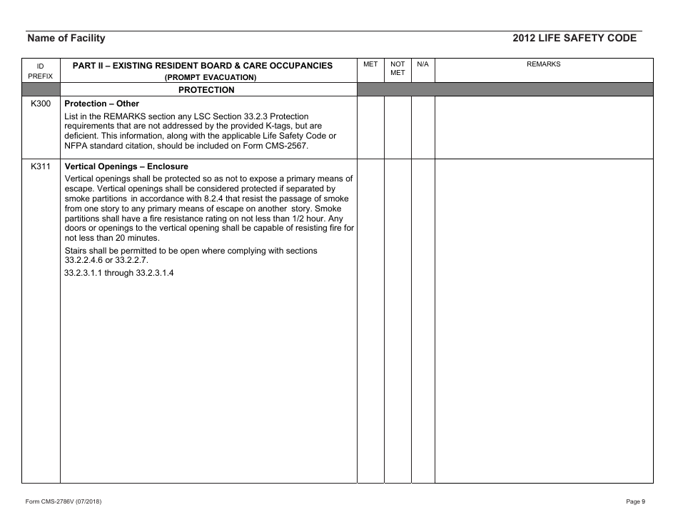 Form CMS-2786V Fire Safety Survey Report - Intermediate Care Facilities for Individuals With Intellectual Disabilities (Small Facilities) - 2012 Life Safety Code, Page 9