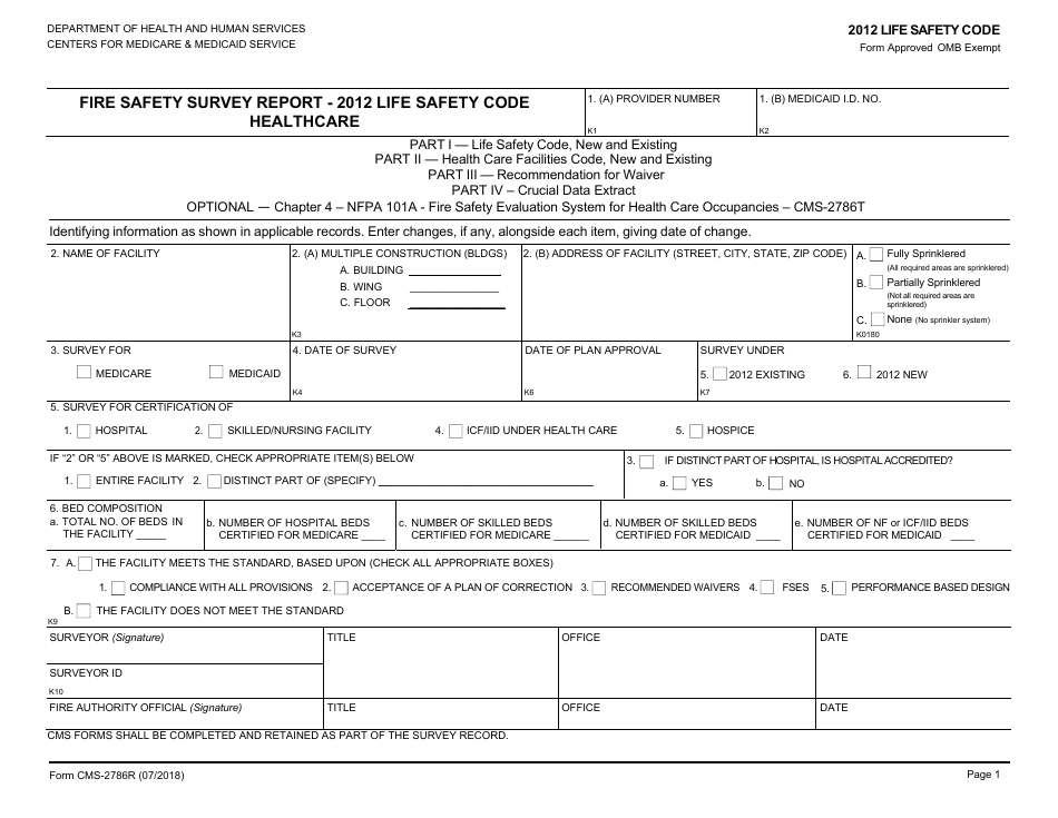 Form CMS-2786R Fire Safety Survey Report - Healthcare - 2012 Life Safety Code, Page 1