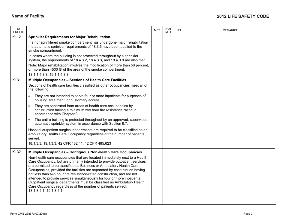 Form CMS-2786R Fire Safety Survey Report - Healthcare - 2012 Life Safety Code, Page 3