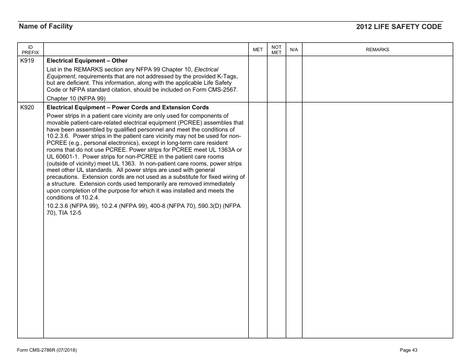 Form CMS-2786R Fire Safety Survey Report - Healthcare - 2012 Life Safety Code, Page 43