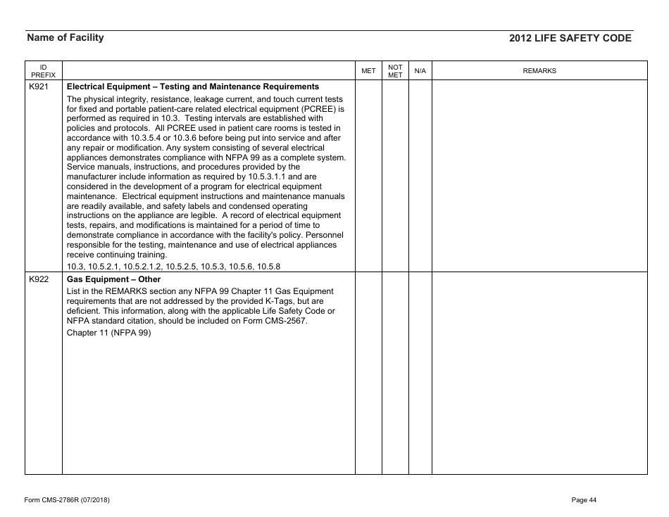 Form CMS-2786R Fire Safety Survey Report - Healthcare - 2012 Life Safety Code, Page 44