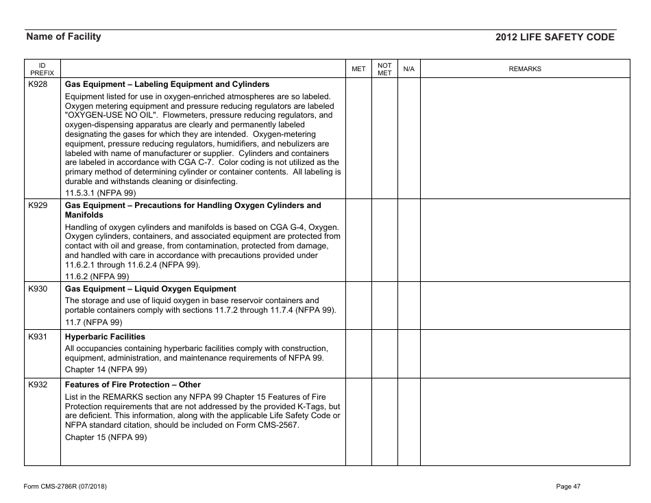 Form CMS-2786R Fire Safety Survey Report - Healthcare - 2012 Life Safety Code, Page 47