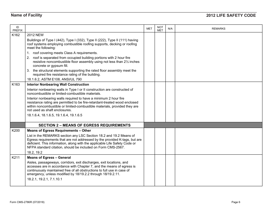 Form CMS-2786R Fire Safety Survey Report - Healthcare - 2012 Life Safety Code, Page 6
