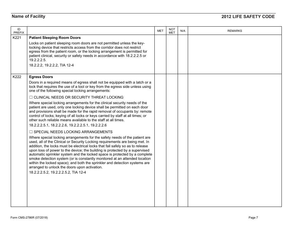 Form CMS-2786R Fire Safety Survey Report - Healthcare - 2012 Life Safety Code, Page 7