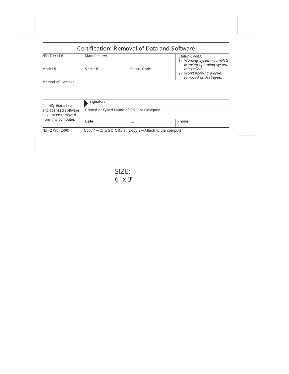 Form NIH2790 Certification: Removal of Data and Software, Page 1