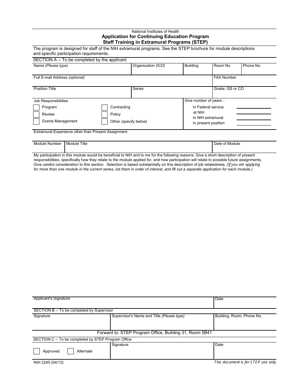 Form NIH2245 Application for Continuing Education Program Staff Training in Extramural Programs (Step), Page 1