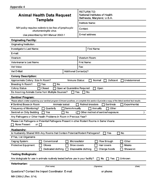 Form NIH2369-2 Appendix 4 Animal Health Data Request Template
