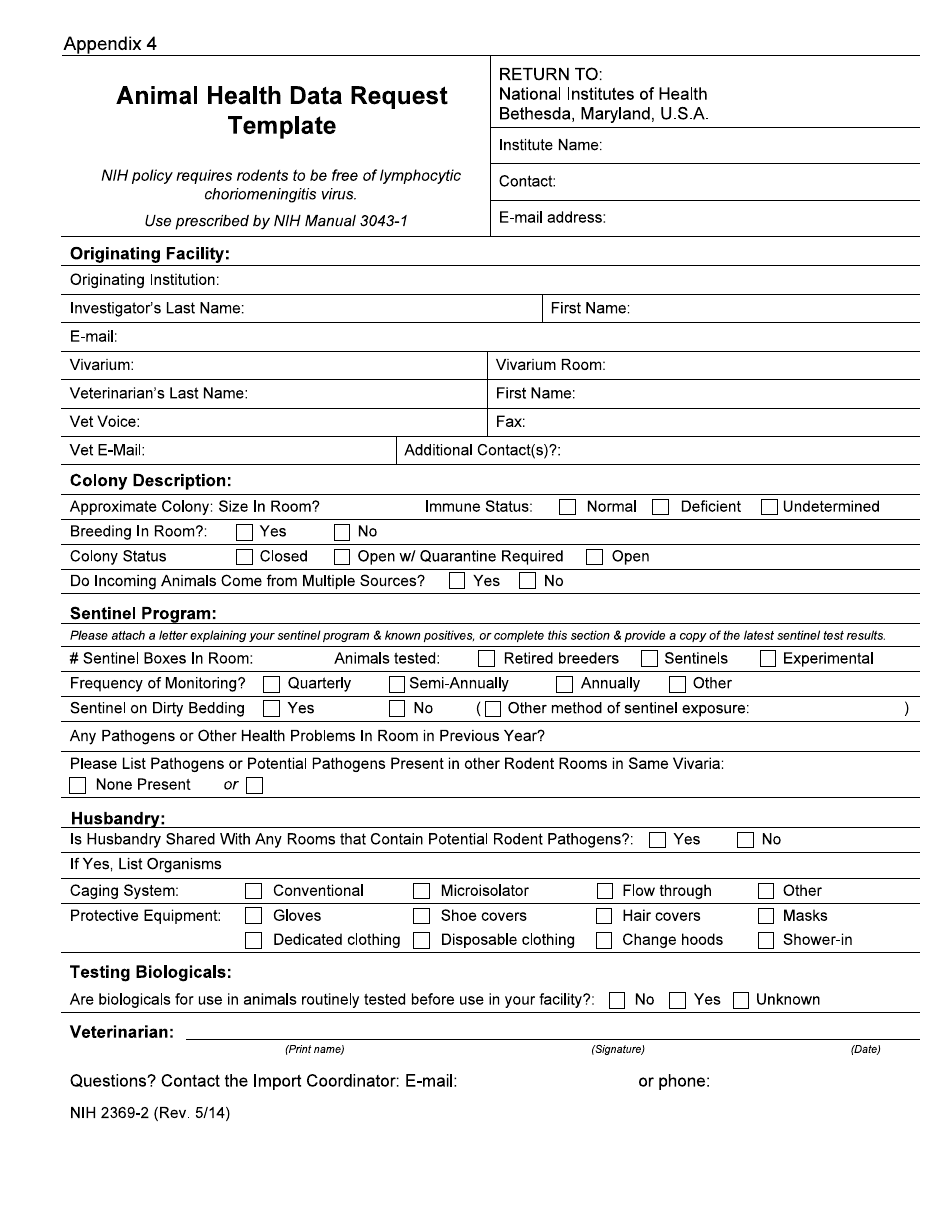 Form NIH2369-2 Appendix 4 Animal Health Data Request Template, Page 1