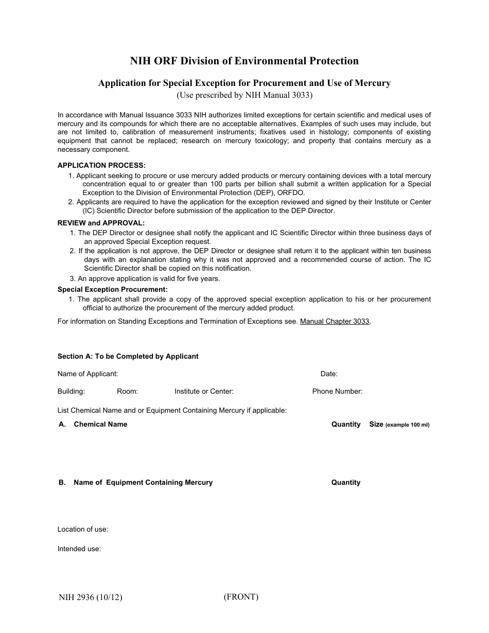 Form NIH2936 Application for Special Exception for Procurement and Use of Mercury, Page 1