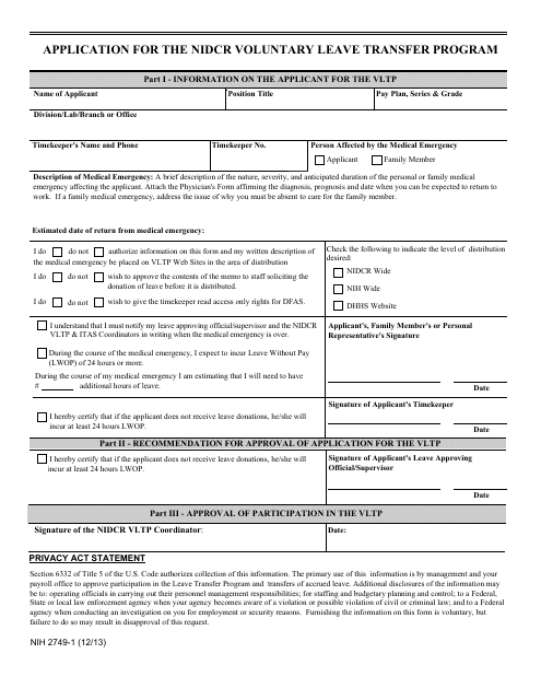 Form NIH2749-1  Printable Pdf