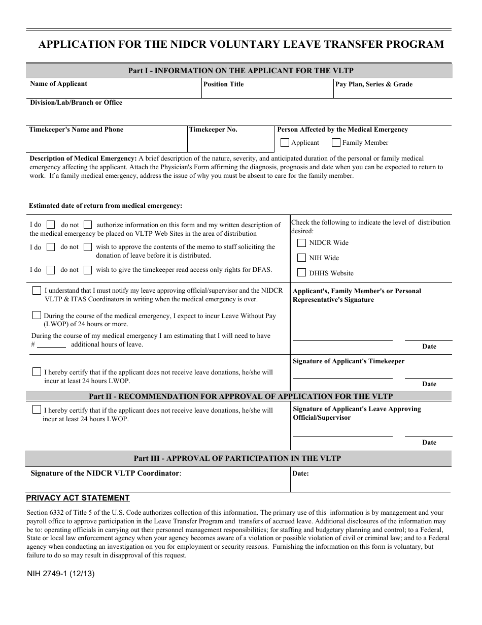 Form NIH2749-1 Application for the Nidcr Voluntary Leave Transfer Program, Page 1