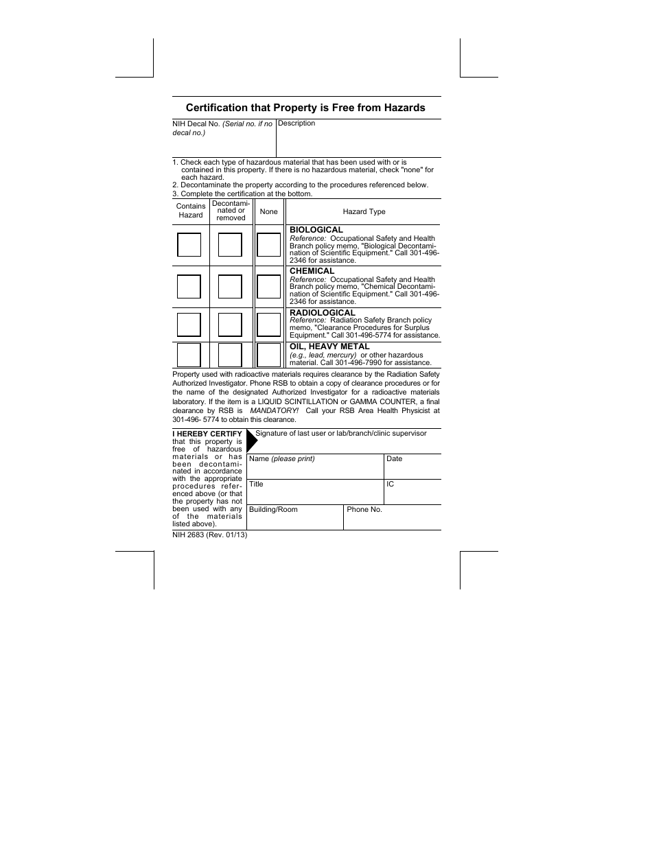 Form NIH2683 Certification That Property Is Free From Hazards, Page 1