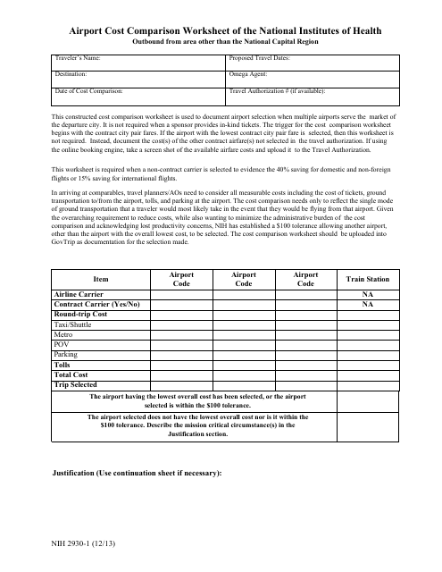 Form NIH2930-1 Airport Cost Comparison Worksheet of the National Institutes of Health (Outbound From Area Other Than the National Capital Region)