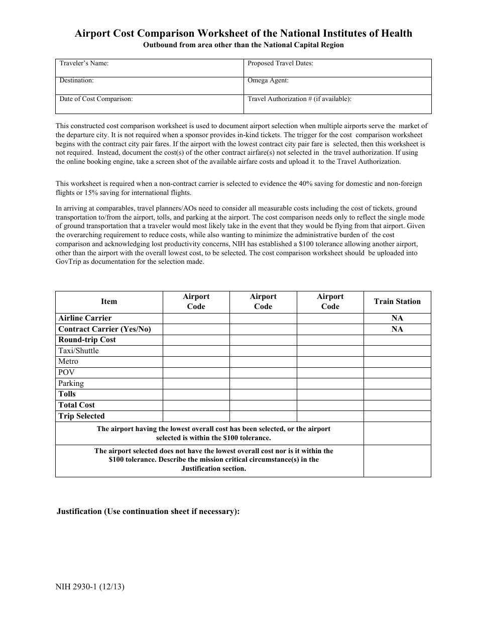 Form NIH2930-1 Airport Cost Comparison Worksheet of the National Institutes of Health (Outbound From Area Other Than the National Capital Region), Page 1