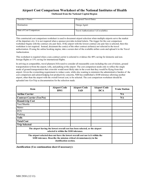 Form NIH2930 Airport Cost Comparison Worksheet of the National Institutes of Health (Outbound From the National Capital Region)