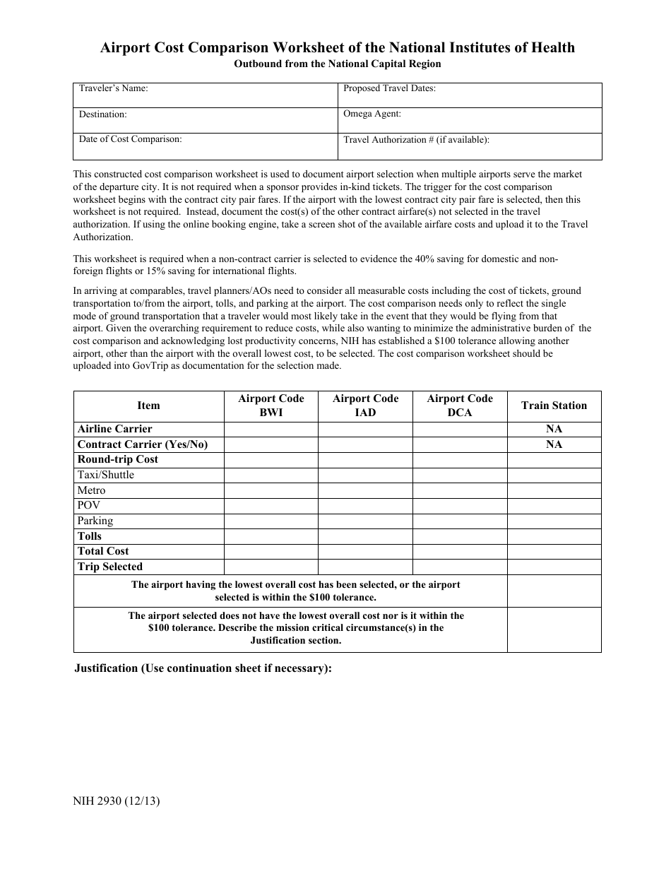 Form NIH2930 Airport Cost Comparison Worksheet of the National Institutes of Health (Outbound From the National Capital Region), Page 1