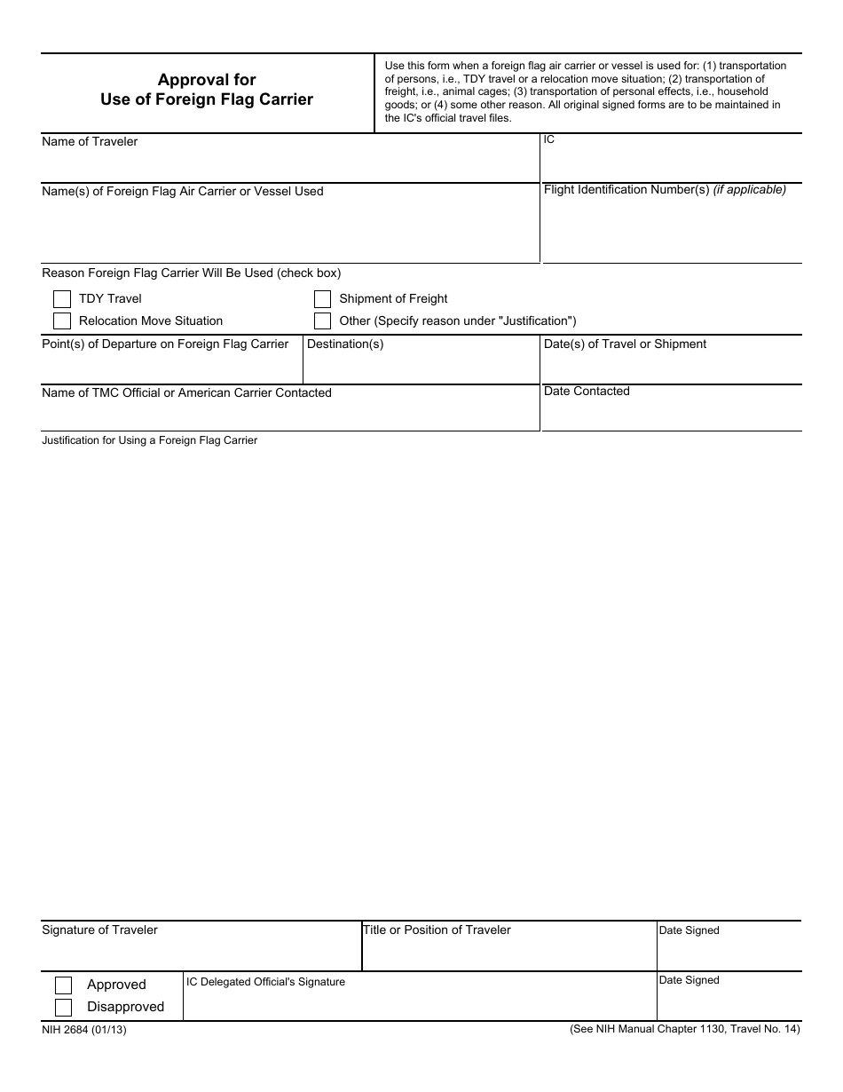 Form NIH2684 Approval for Use of Foreign Flag Carrier, Page 1