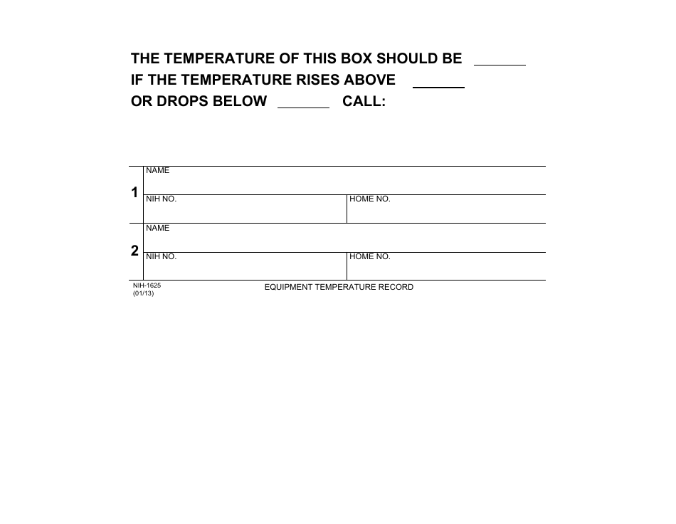 Form NIH-1625 Equipment Temperature Record, Page 1