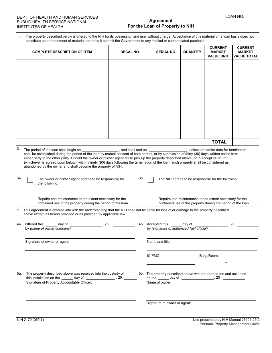 Form NIH2179 Agreement for the Loan of Property to Nih, Page 1
