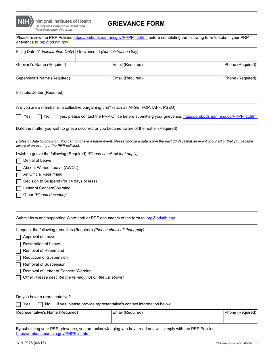Form NIH2976 Grievance Form, Page 1