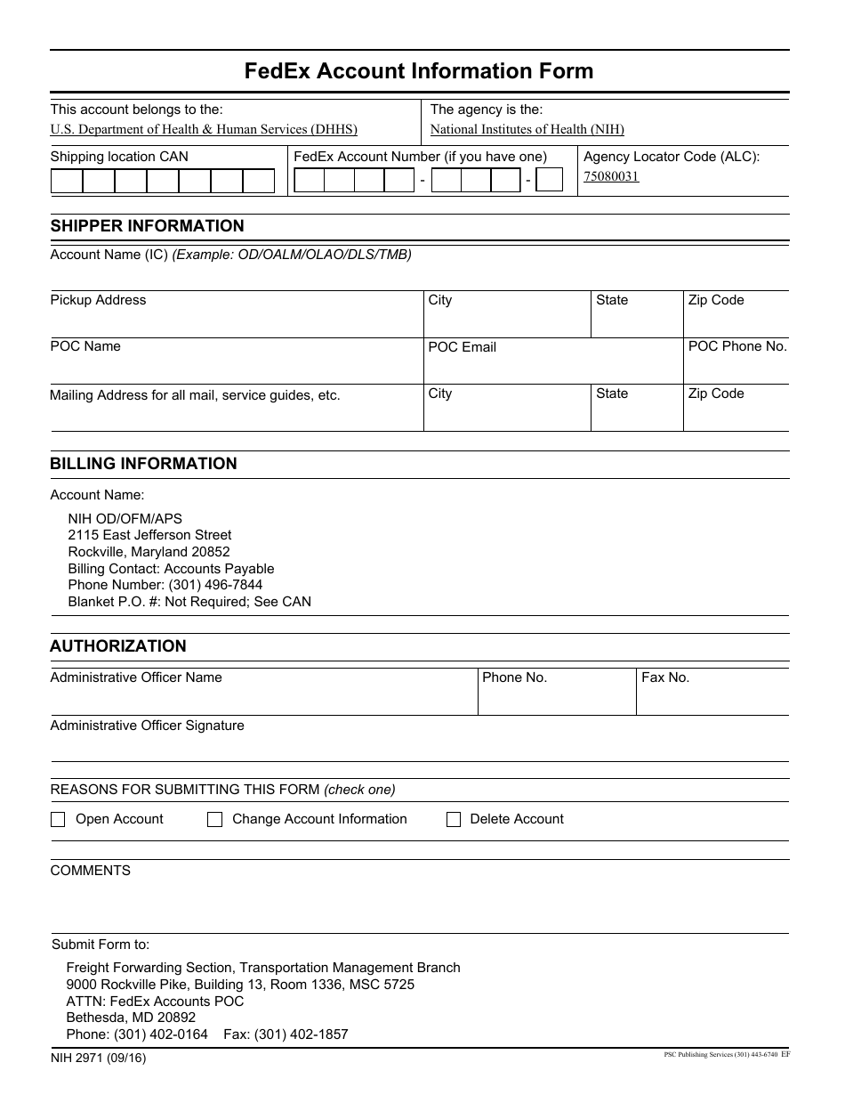 Form NIH2971 Fedex Account Information Form, Page 1