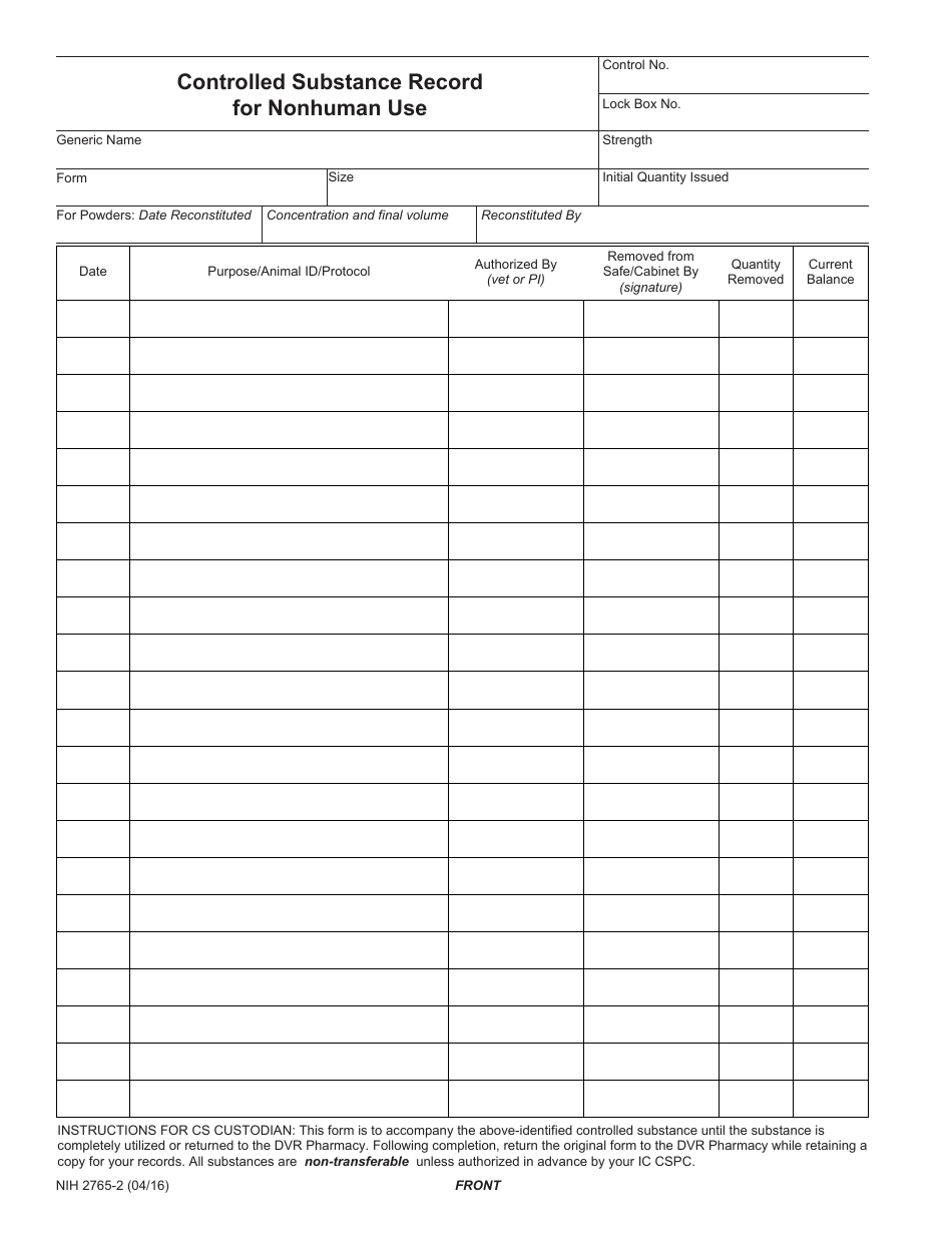 Form NIH2765-2 Controlled Substance Record for Nonhuman Use, Page 1