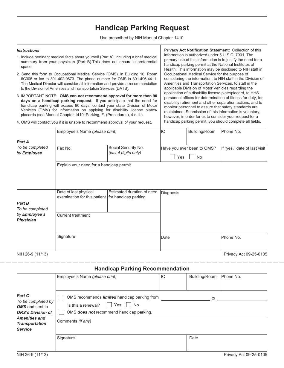 Form NIH26-9 Handicap Parking Request, Page 1