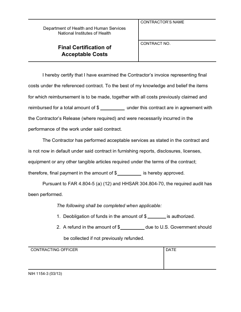 Form NIH1154-3  Printable Pdf