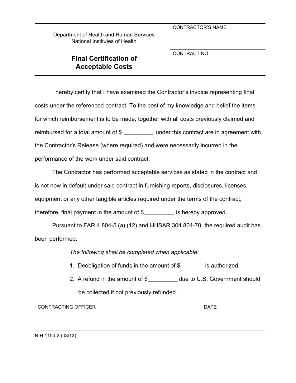 Form NIH1154-3 Final Certification of Acceptable Costs, Page 1