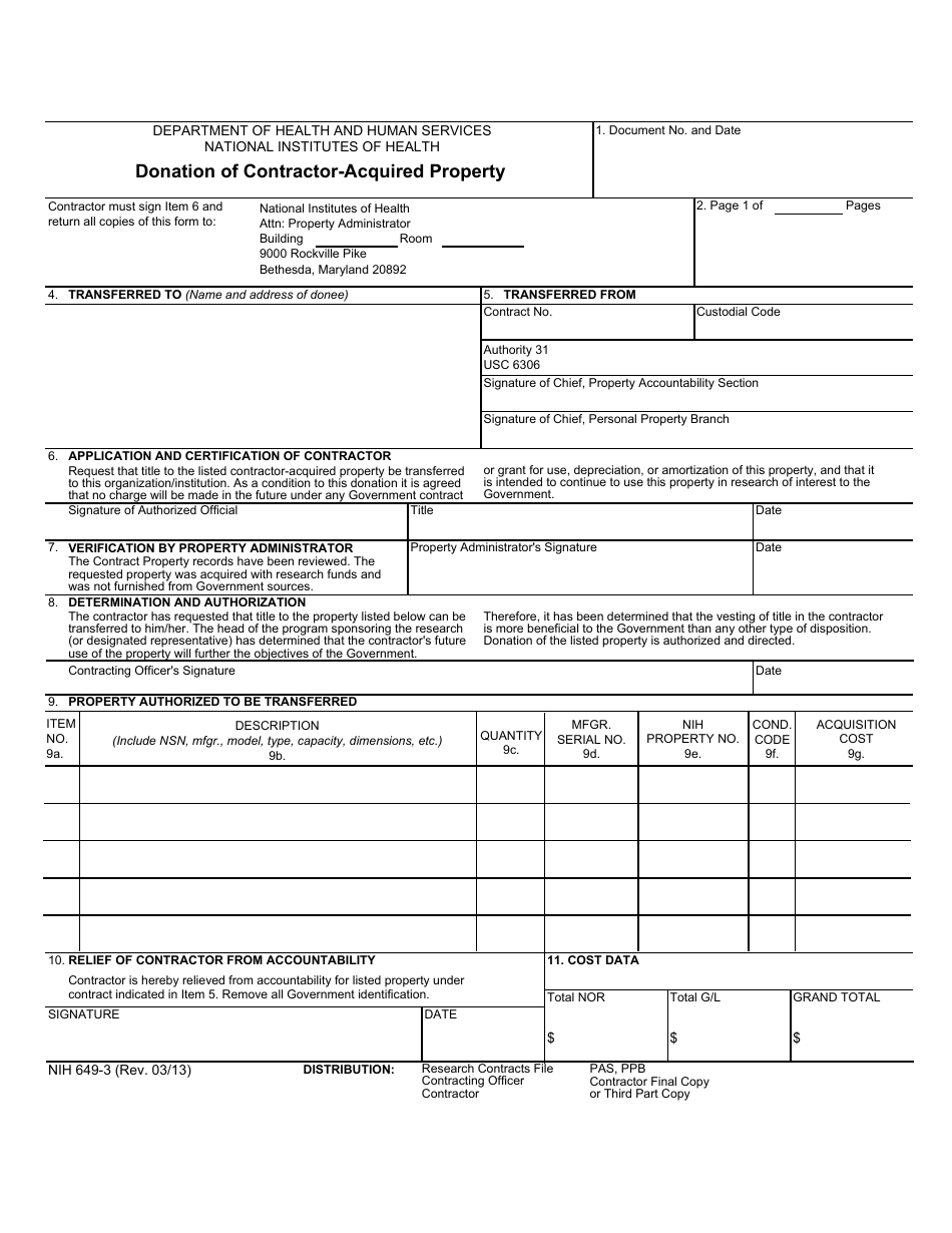 Form NIH649-3 Donation of Contractor-Acquired Property, Page 1