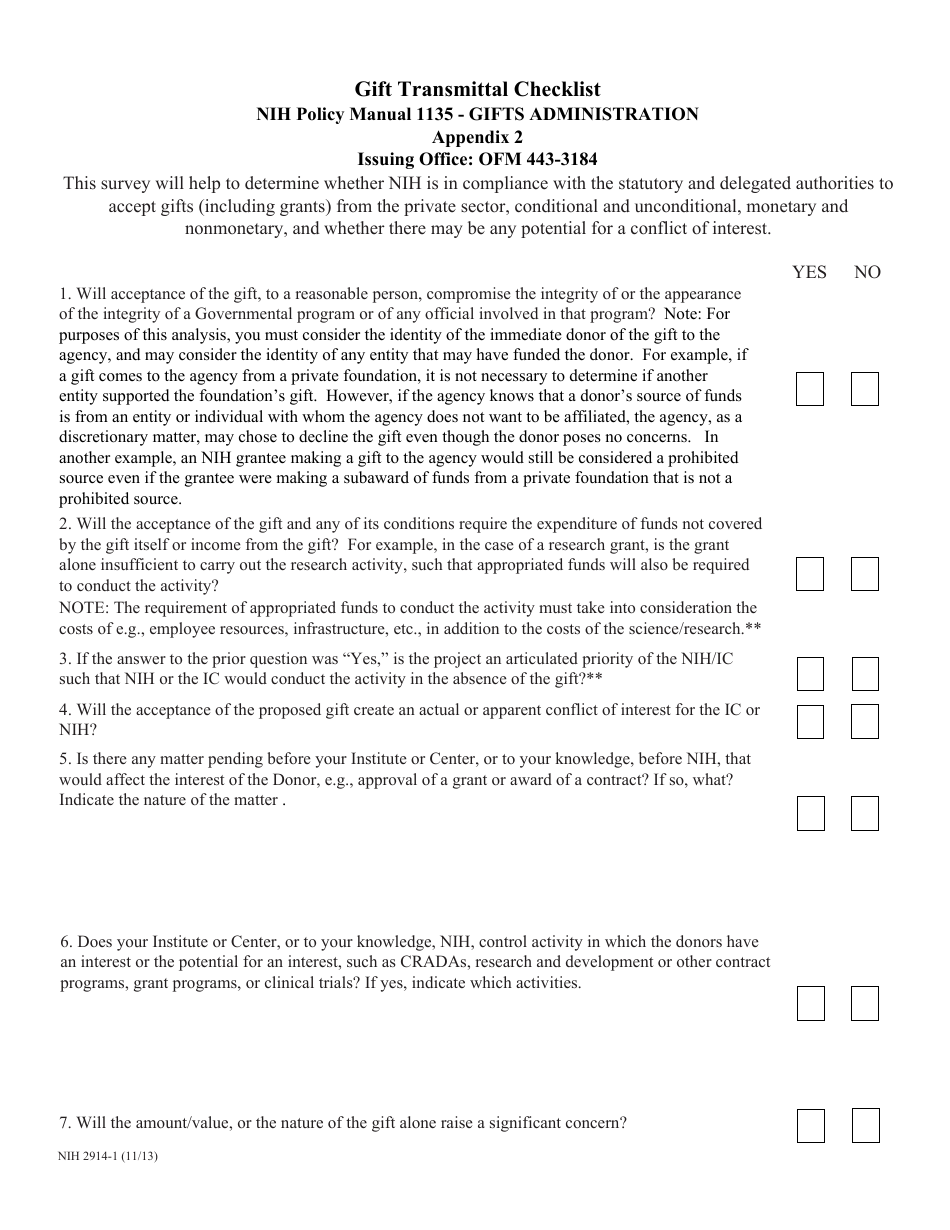 Form NIH2914-1 Appendix 2 Gift Transmittal Checklist, Page 1